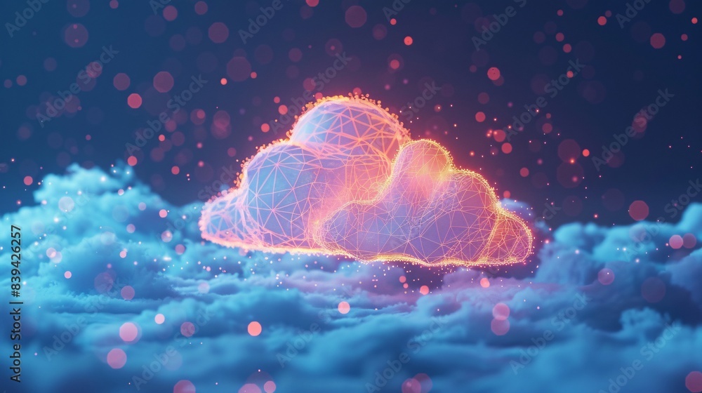 Naklejka premium Vibrant digital illustration of a glowing cloud with neon light effects, surrounded by a dreamy atmosphere, representing futuristic technology. 3D Illustration.