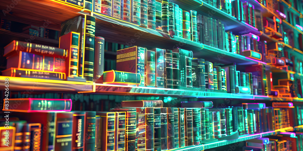 The Holo Lore Library: A holographic bookshelf overflowing with glowing titles The Holo Lore Library: A holographic bookshelf overflowing with glowing titles