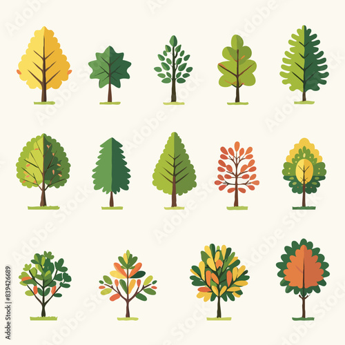 collection of tree illustrations isolated on a white background, showcasing various shapes and types of foliage. Ideal for design projects requiring natural elements