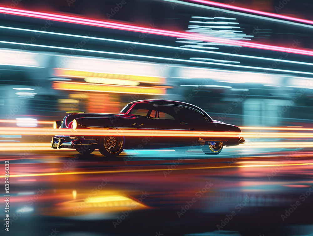 Fototapeta premium A panning shot of a vintage black car at full speed. Driving in the wet condition. 
