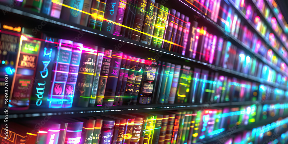 The Holo Lore Library: A holographic bookshelf overflowing with glowing titles The Holo Lore Library: A holographic bookshelf overflowing with glowing titles