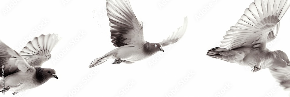 Obraz premium Several birds mid flight, isolated on a white background
