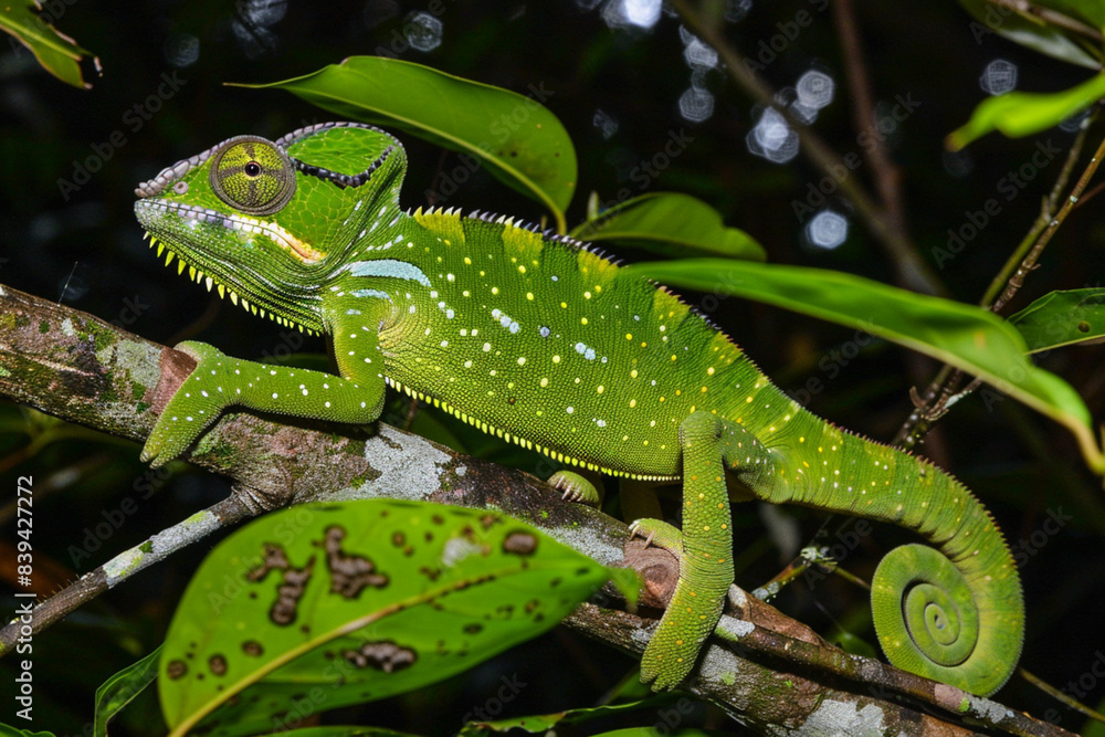 Green lizard and chameleon on a tree branch, showcasing nature's colorful reptiles in a close-up view Green lizard and chameleon on a tree branch, showcasing nature's colorful reptiles in a close-up view