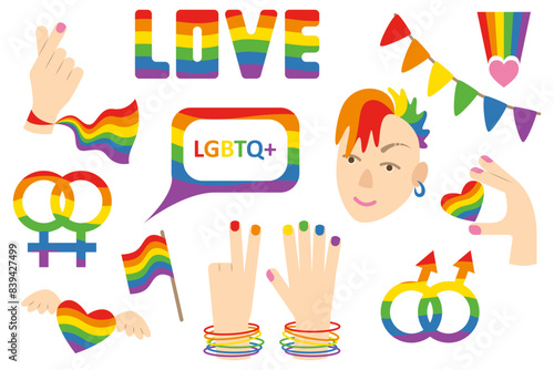 Set of vector LGBTQ elements in rainbow color on white background. Conceptual symbols of sexual orientation in flat style.