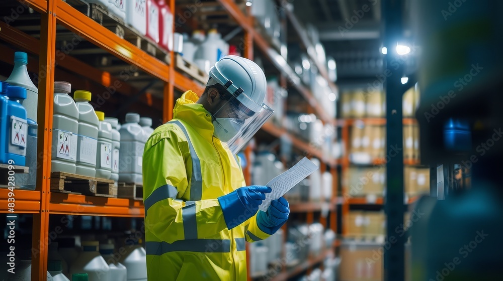 Fototapeta premium Worker in a safety suit and gloves, carefully checking on a hazardous chemical material information form