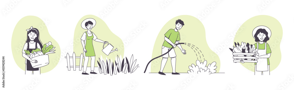 Fototapeta premium Farmer People Character Doing Agricultural Work Vector Set