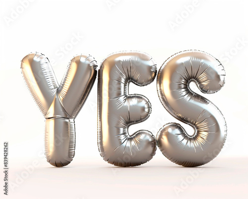 Photo with inflatable word with glossy silver letters "YES". Minimalistic balloon lettering isolated on a white background