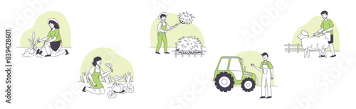 Farmer People Character Doing Agricultural Work Vector Set