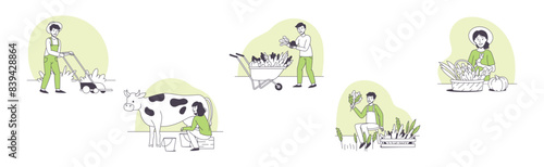 Farmer People Character Doing Agricultural Work Vector Set