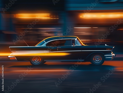 A panning shot of a vintage black car at full speed. Driving in the wet condition.  