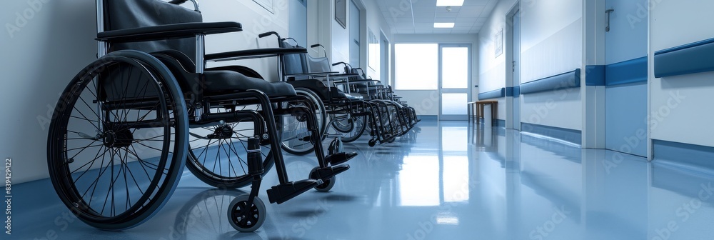 Hospital ward with wheelchairs positioned strategically for patient use Hospital ward with wheelchairs positioned strategically for patient use