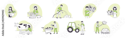 Farmer People Character Doing Agricultural Work Vector Set