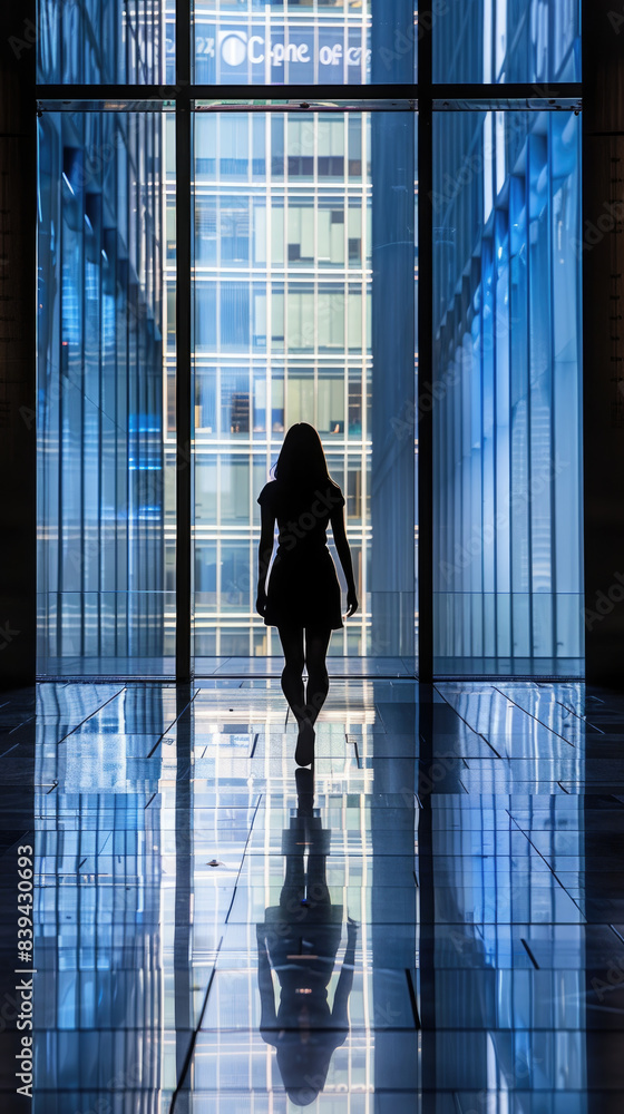 A womans silhouette walks towards a large window in a modern glass building, her reflection mirrored on the tiled floor A womans silhouette walks towards a large window in a modern glass building, her reflection mirrored on the tiled floor