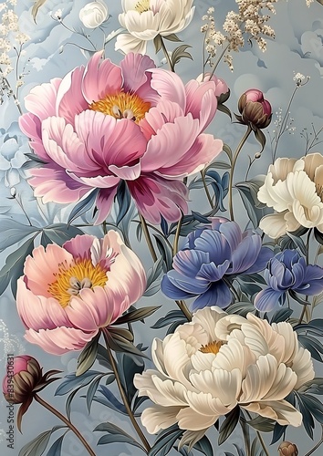 Fototapeta Naklejka Na Ścianę i Meble -  flowers blue background peonies color super pink teal painted silk smokiness tulips