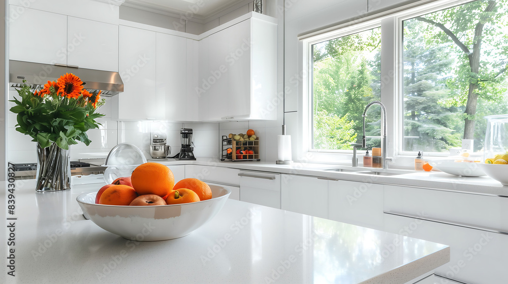 An open, airy kitchen with white countertops and cabinets, accented by a single bowl of fruit, utilizing extensive white space An open, airy kitchen with white countertops and cabinets, accented by a single bowl of fruit, utilizing extensive white space