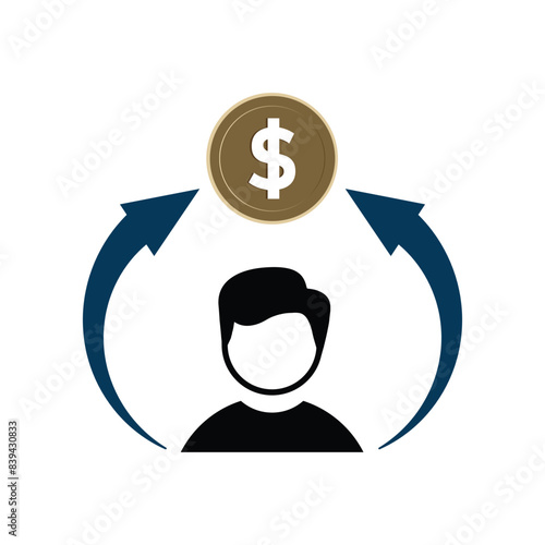 man with an arrow next to him pointing to money. mind to money. flat design style. Suitable for workers, presentations, economy, etc. Template design vector