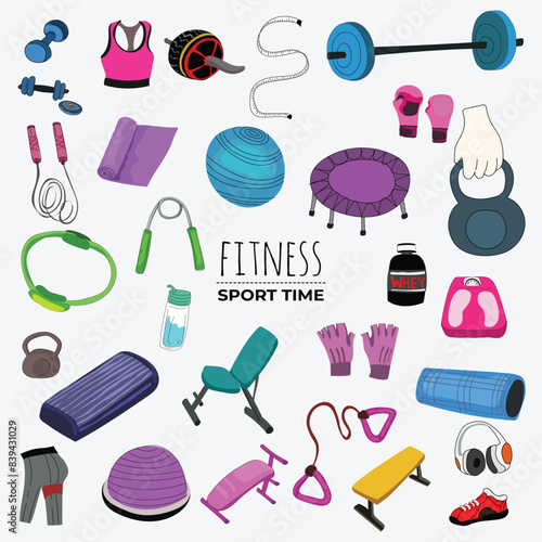 Colorful Fitness Equipment Vector Illustration Collection.
