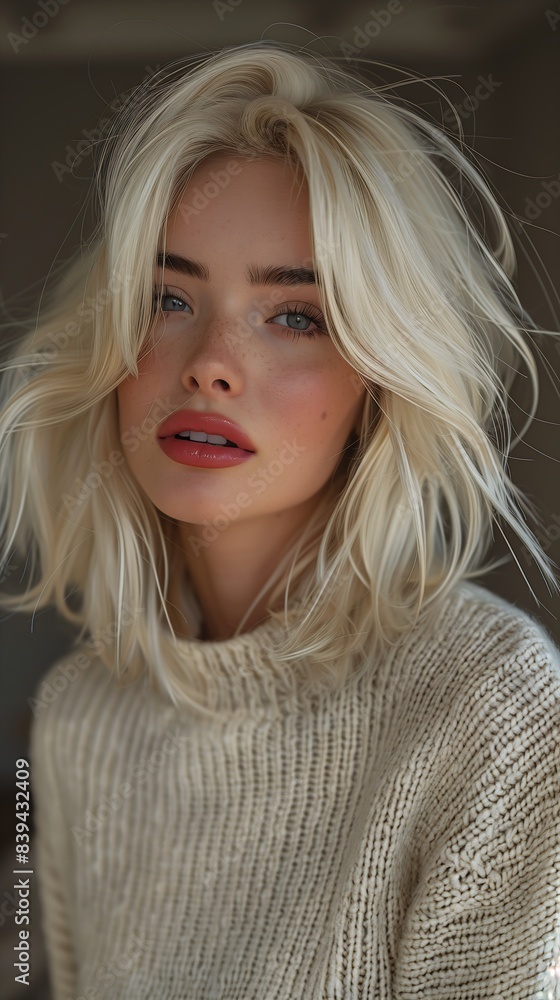 closeup woman blonde hair sweater pale makeup charmed alluring look beige cream natural tones light cute freckles flowing massive modern short abstract dating closeup woman blonde hair sweater pale makeup charmed alluring look beige cream natural tones light cute freckles flowing massive modern short abstract dating
