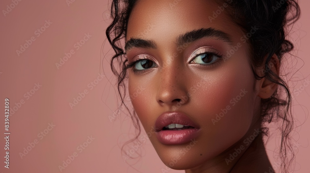 Close-Up Portrait of a Woman with Delicate Makeup in Soft Pastel Tones for Beauty Campaigns Close-Up Portrait of a Woman with Delicate Makeup in Soft Pastel Tones for Beauty Campaigns