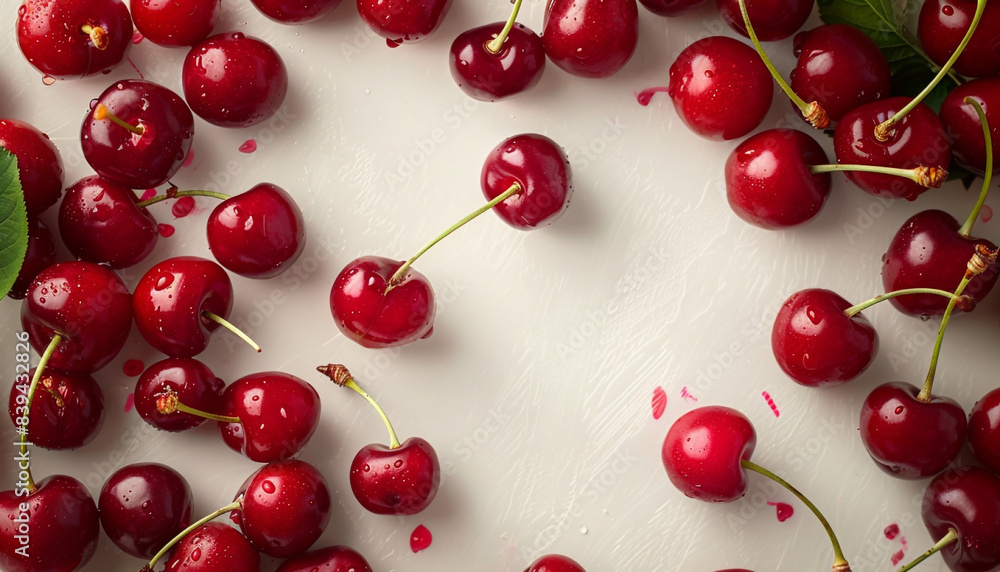 Fresh cherries with vibrant red color spread across a white background. Perfectly embodies the essence of summer fruit. Fresh cherries with vibrant red color spread across a white background. Perfectly embodies the essence of summer fruit.