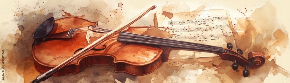 Fototapeta premium A violin and its bow are on a sheet of music, illustration fiddle and musical notes.
