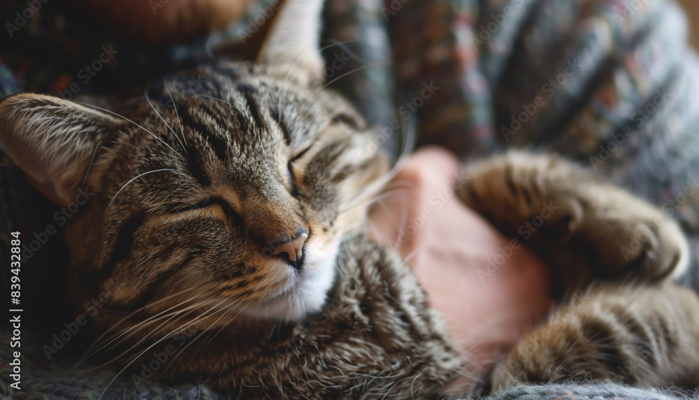 A cozy tabby cat peacefully sleeping in warm human arms, showcasing comfort and affection. A cozy tabby cat peacefully sleeping in warm human arms, showcasing comfort and affection.