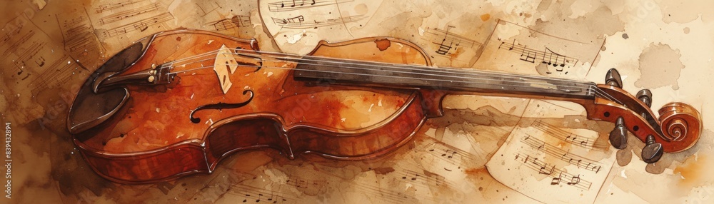 Obraz premium A violin is painted on a piece of paper with a musical score, illustration fiddle and musical notes.