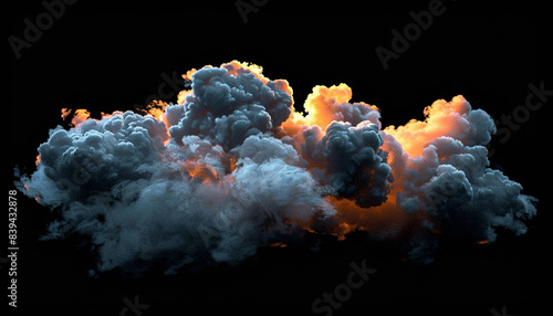Dark, dense storm cloud with striking orange light illuminating parts of it. An intense scene depicting power and the raw force of nature.
