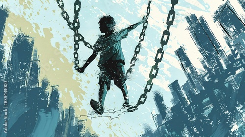 A detailed illustration of a child breaking free from chains representing child labor, stepping towards a school