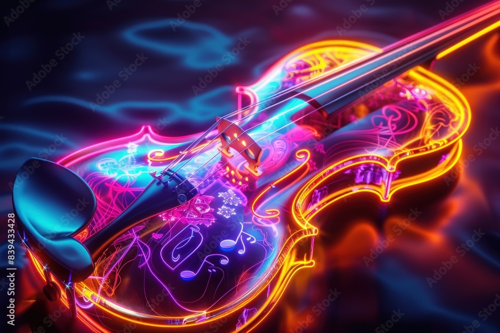 Obraz premium A neon colored violin with a colorful design on it, illustration fiddle and musical notes.