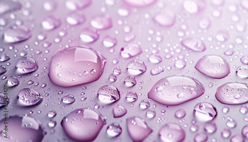  Close-up of water droplets scattered on a smooth, pink surface, highlighting their clarity and the soft lighting.