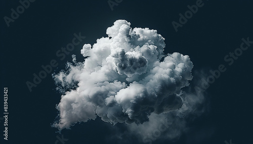 A dense, fluffy cloud isolated against a dark background. The cloud's texture is well-defined, with various shades of white and gray giving it depth and a sense of volume.