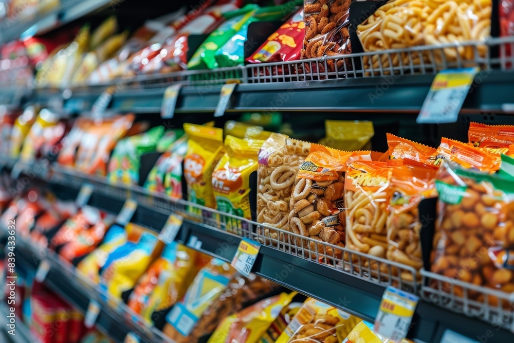 Colorful Display of Genetically Modified Snack Packages in Supermarket Snack Aisle Colorful Display of Genetically Modified Snack Packages in Supermarket Snack Aisle