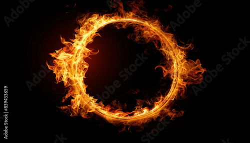 Fiery ring composed entirely of flames against a black background. The flames form a perfect circular shape, with bright orange, yellow, and red hues that flicker and twist.