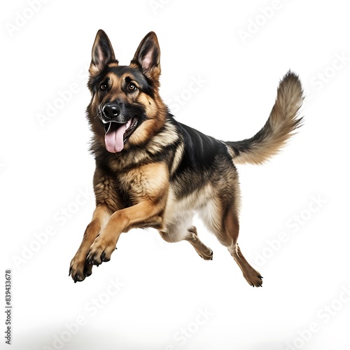 Energetic German Shepherd Dog Mid-Jump on White Background - Capturing the Joy and Agility of a Playful Canine in Motion