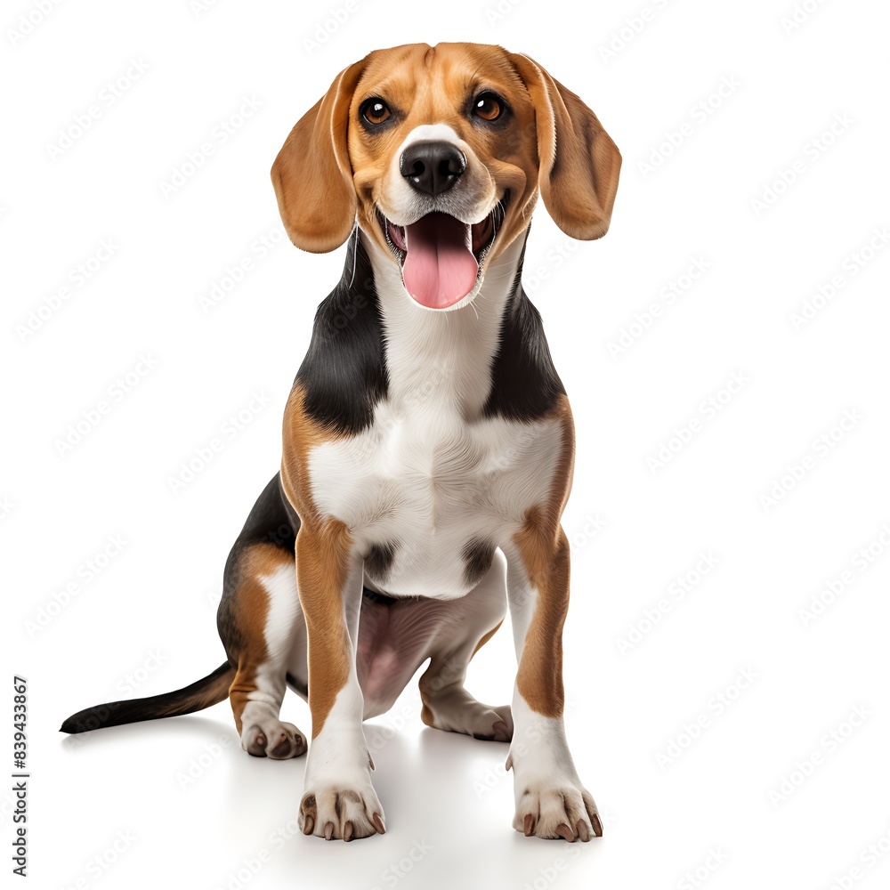 Happy Beagle Dog Sitting on White Background, Adorable Pet with Brown, Black, and White Fur, Playful Expression, and Tongue Out, Perfect for Pet Lovers, Animal Enthusiasts, and Stock Photography
