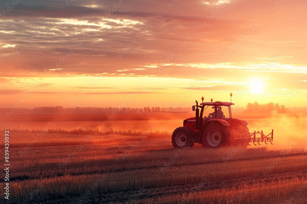 Farmer Driving Tractor Through Genetically Modified Crop Field at Sunset for Agricultural Poster Farmer Driving Tractor Through Genetically Modified Crop Field at Sunset for Agricultural Poster