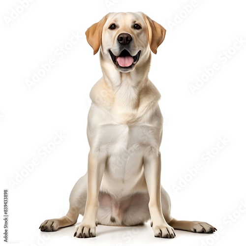 Happy Labrador Retriever Sitting on White Background, Smiling Dog Portrait, Friendly Pet, Adorable Canine, Animal Photography, High-Quality Stock Image for Pet Lovers and Animal Enthusiasts