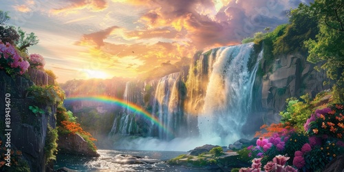 Waterfall and rainbow scene in a serene forest