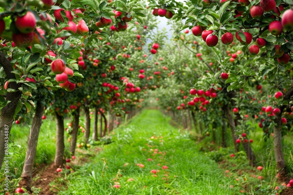Genetically Modified Apple Orchard Blooming with Perfectly Shaped Red Apples Genetically Modified Apple Orchard Blooming with Perfectly Shaped Red Apples