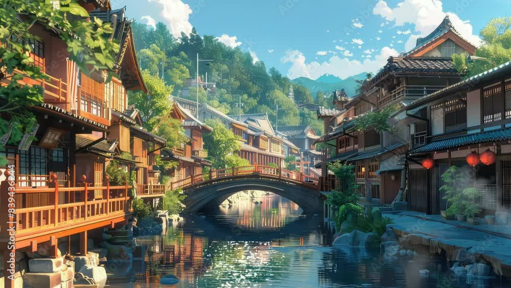 Animation Tranquil Riverside Town with Traditional Architecture generated with ai Animation Tranquil Riverside Town with Traditional Architecture generated with ai