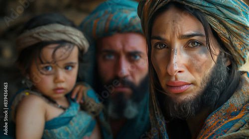 ancient muslim woman with his baby and husband in a mud house far view. Generative AI