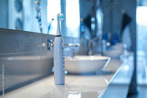 High-Tech Electric Toothbrush Charging on a Modern Bathroom Counter - Innovative Oral Care