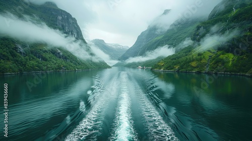 A boat's wake trails through a misty fjord, surrounded by lush green mountains. photo