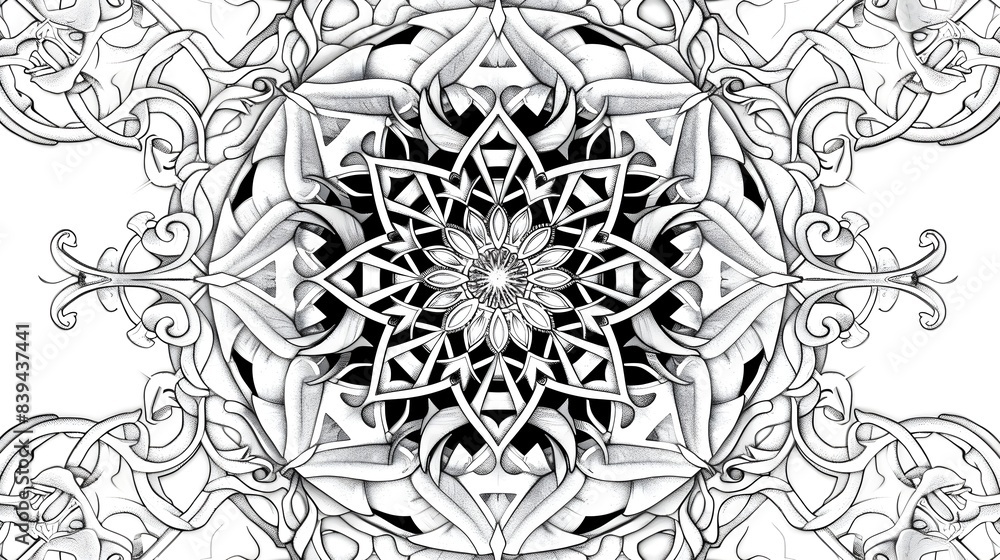 Fototapeta premium Ornate Black and White Mandala with Intertwining Vines and Precise Lines