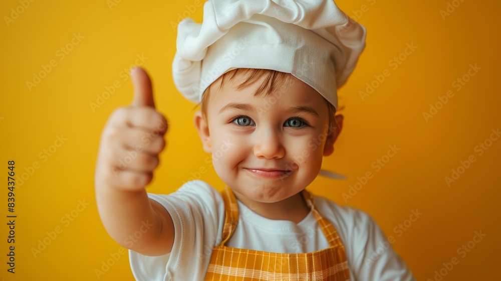 Adorable young child wearing a chef hat giving a thumbs up, smiling against a yellow background. Perfect for cooking-related themes. Adorable young child wearing a chef hat giving a thumbs up, smiling against a yellow background. Perfect for cooking-related themes.