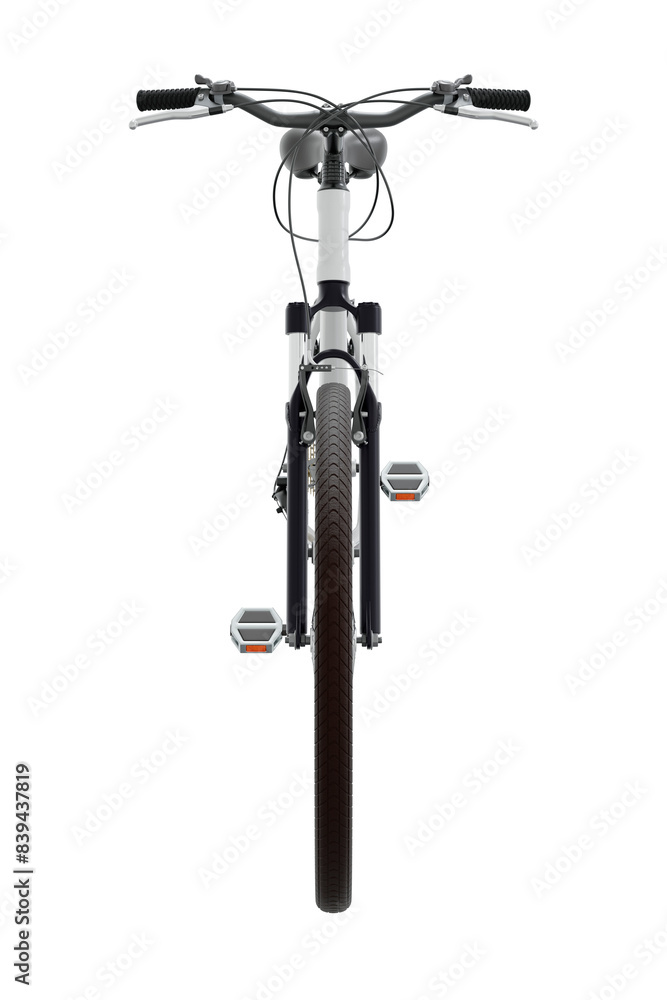 Fototapeta premium White bicycle, front view. Black leather saddle and handles. Png clipart isolated on transparent background