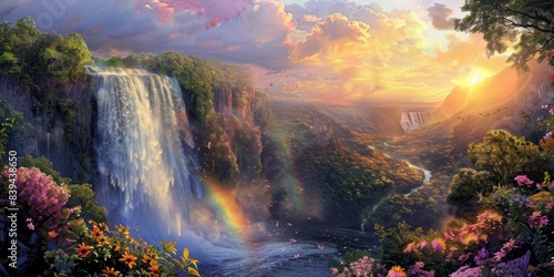 Rainbow and waterfall scene in a calm setting