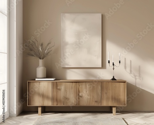 Minimalist interior design of modern living room with elegant sideboard, candelabra and plink art on beige wall background in scandinavian style photo