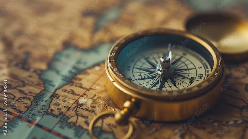 Compass on a map, representing navigation and the spirit of travel Compass on a map, representing navigation and the spirit of travel